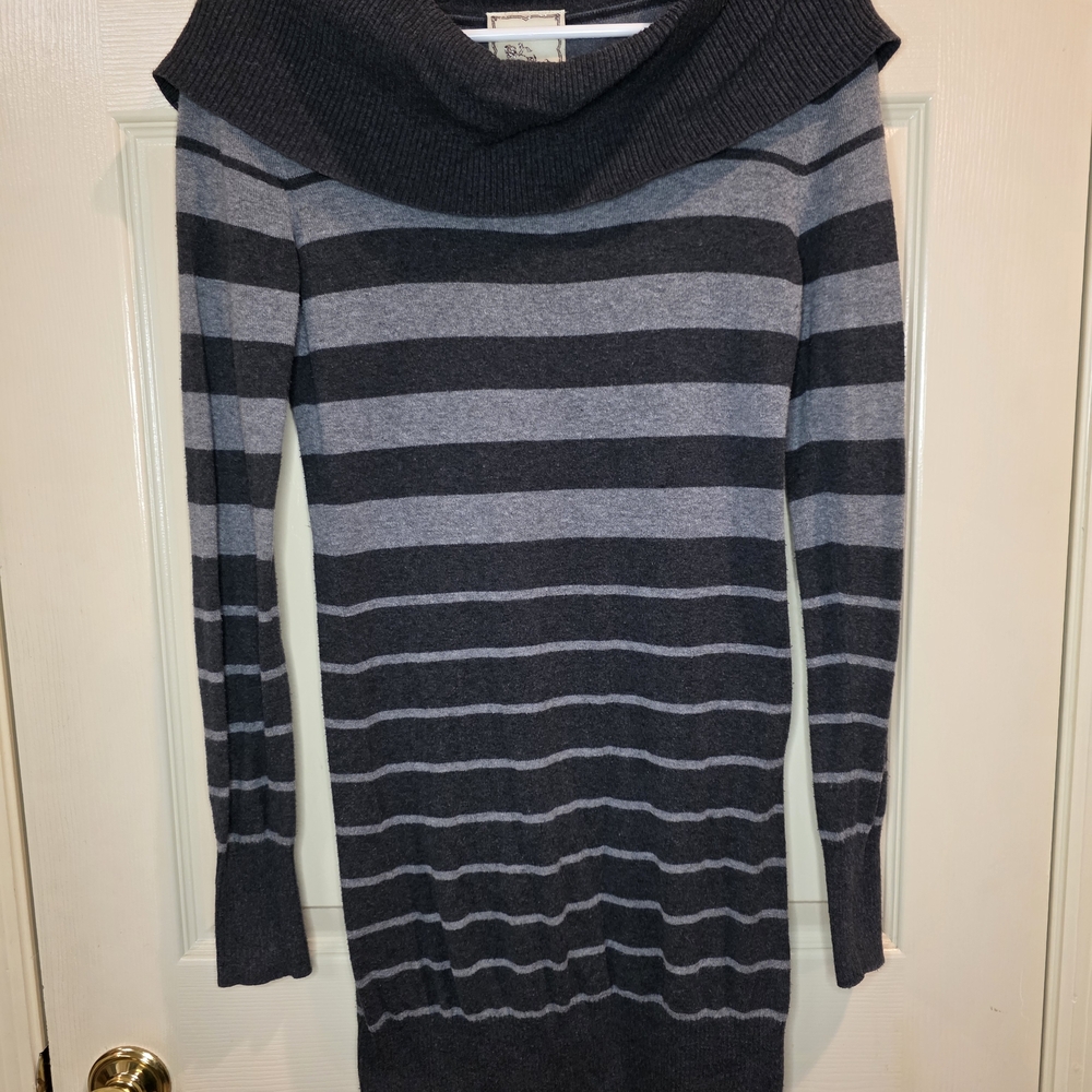 Pink Rose Grey Striped Cowl Neck Sweater Dress Medium Long Sleeve Knit Bodycon